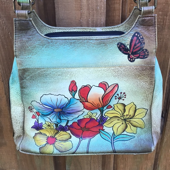 Anuschka Handpaint Leather Satchel Zip Around Shoulder Bag Floral EUC - Picture 5 of 13